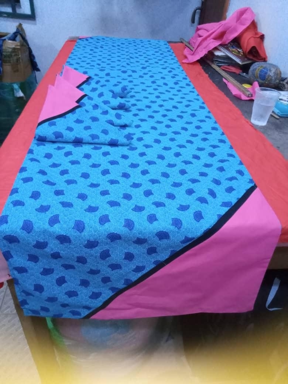 Blue Patterned Table Runner with Pink Trim - Home Dining